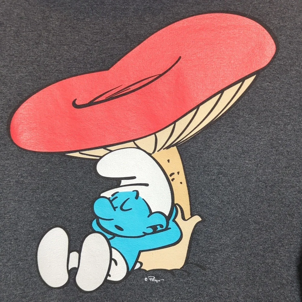 The Smurfs Peyo Lazy Sleepy Smurf Mushroom Hooded Sweatshirt Hoodie‎ Medium Grey